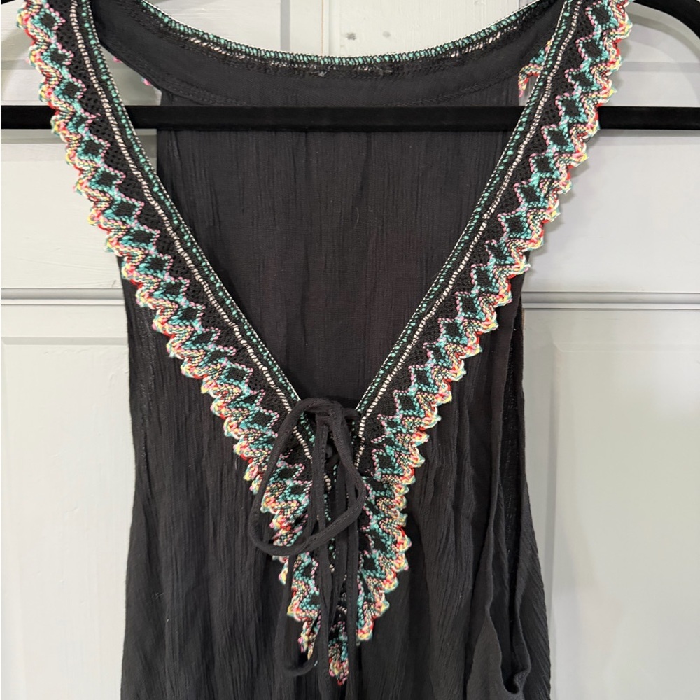 Black Boho Halter Dress Embroidered Tassel Flowy Summer - Picture 7 of 8